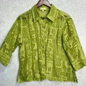Choice's Sz M Lime Green Linen Blend Lace Shirt Button Up Sheer Tribal VTG